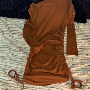 Rust Long Sleeve Ruched Dress